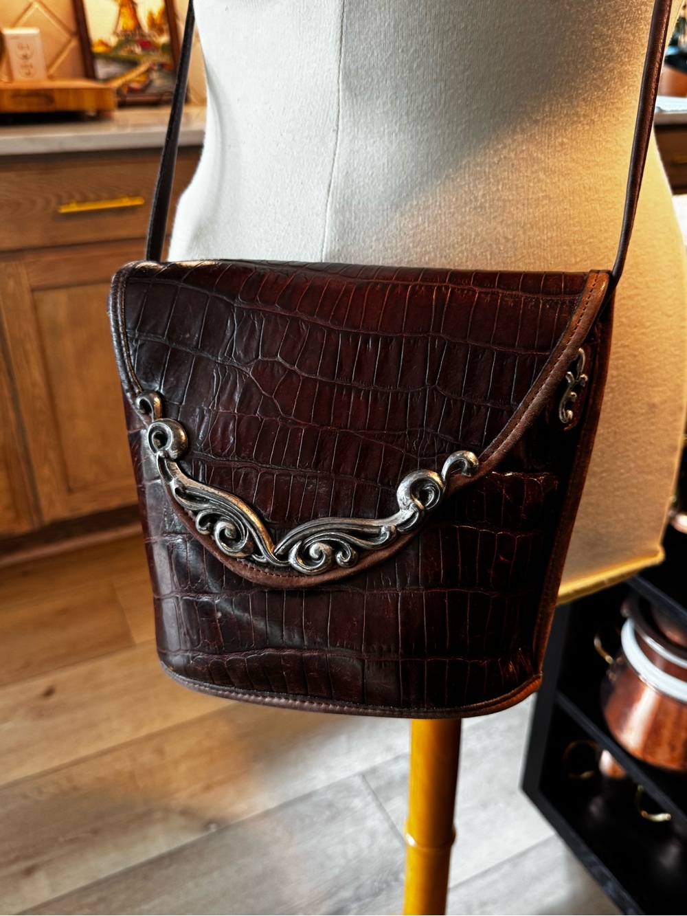 Dark Brown Croc-Embossed Leather Crossbody Bag with Silver Accent